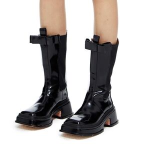 Shushu/tong Black Leather Mid Calf Bow Boots, size 37